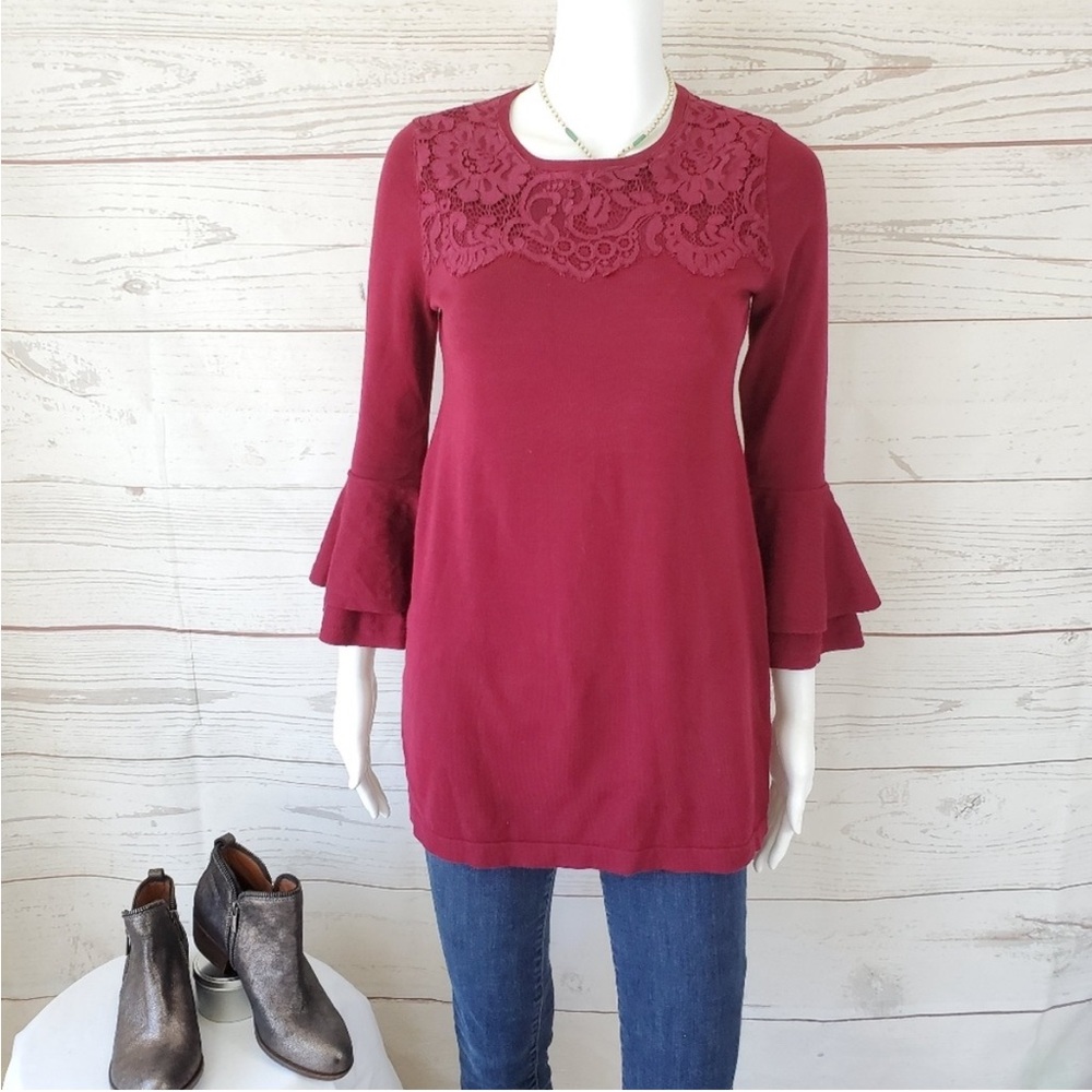 White‎ House Black Market WHBM Wine Maroon Lace Bell Sleeve Tunic Sweater Medium